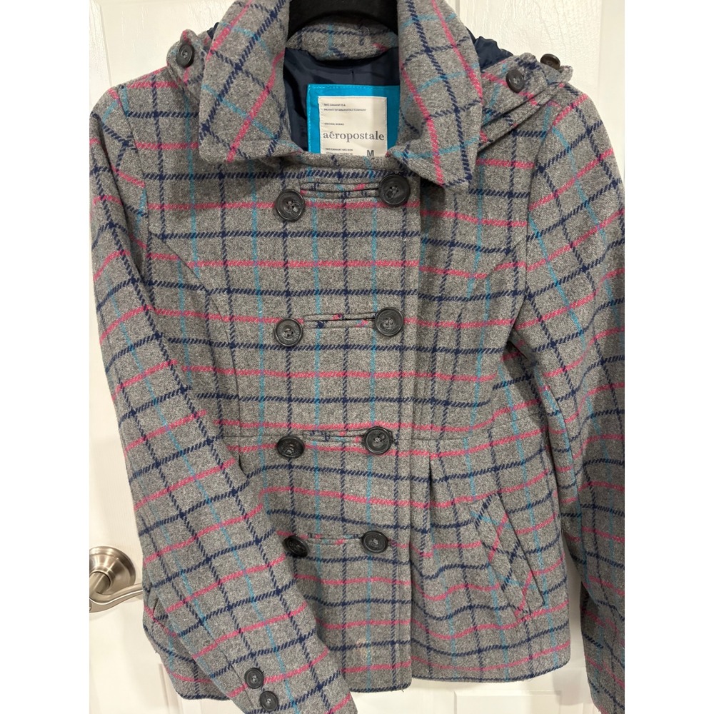 Woman's Vintage Y2K Aeropostale Medium Gray Plaid Double Breasted Peacoat Hood